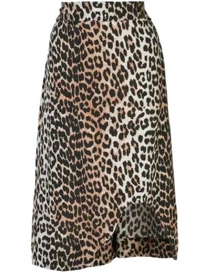 Ganni 豹纹印花真丝混纺中长款半身裙 In Leopard