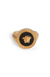Versace Round Medusa Ring In Black-tribute Gold