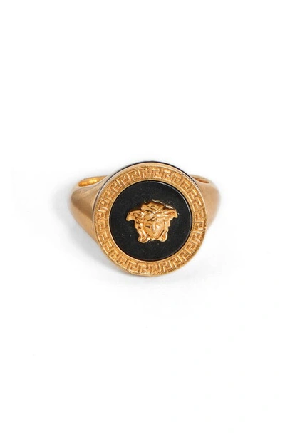 Versace Round Medusa Ring In Black-tribute Gold