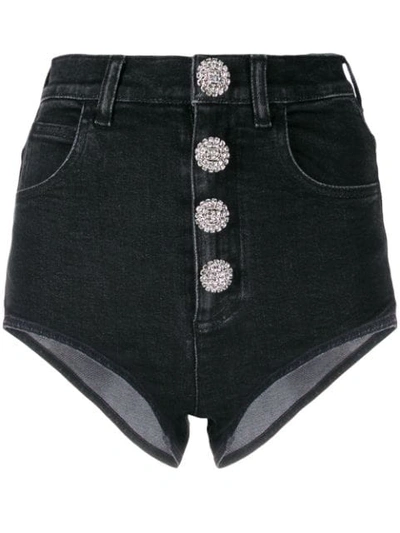 Alessandra Rich Cotton Denim Shorts W/crystals Button In Black