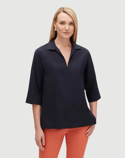 Lafayette 148 Plus-size Italian Stretch Cotton Nicole Blouse In Ink