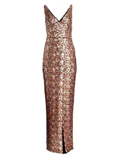 ml Monique Lhuillier V-neck Sequin Gown In Gold Multi