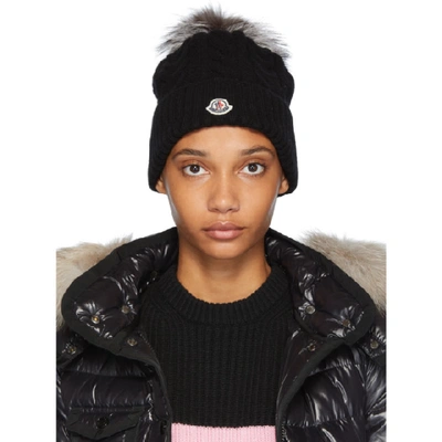 Moncler Cable Knit Beanie With Genuine Fox Fur Pom In Black