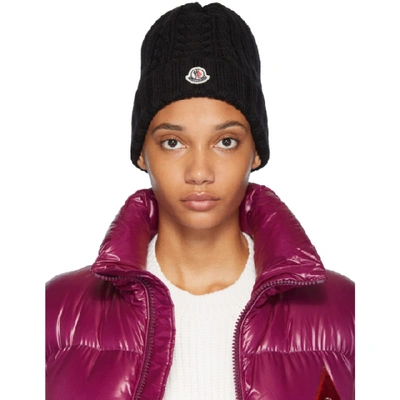 Moncler Cable-knitted Wool Beanie Hat In Black