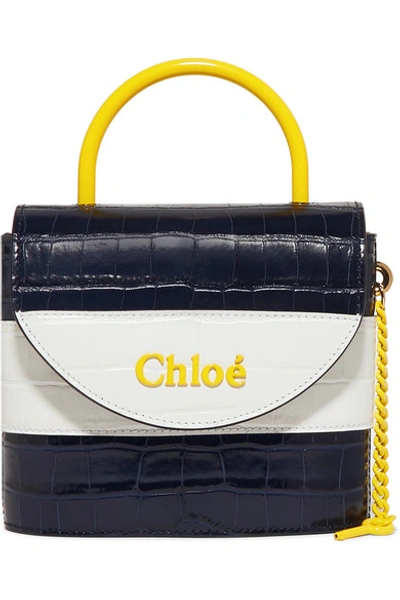 Chloé Aby Lock Small Striped Croc-effect Leather Shoulder Bag In Blue