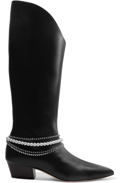 Magda Butrym Mexico Crystal And Faux Pearl-embellished Leather Knee Boots In Black