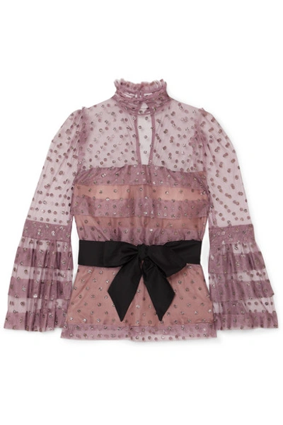 Anna Mason Mademoiselle Belted Tiered Striped Fil Coupé Blouse In Pink