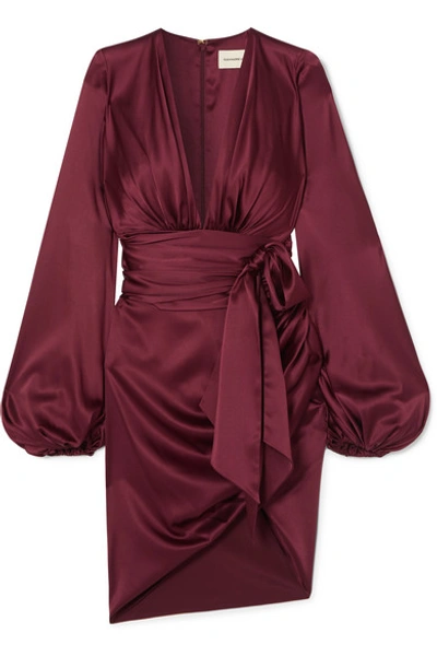 Alexandre Vauthier Ruched Tie-detailed Silk-blend Satin Mini Dress In Burgundy
