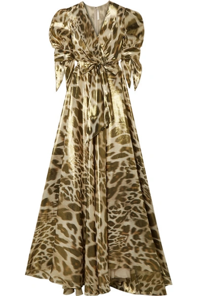 Naeem Khan Wrap-effect Leopard-print Silk-lamé Gown In Gold