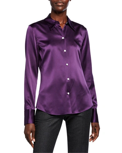 Theory Perfect Fitted Stretch Silk Satin Button-down Shirt In Plum