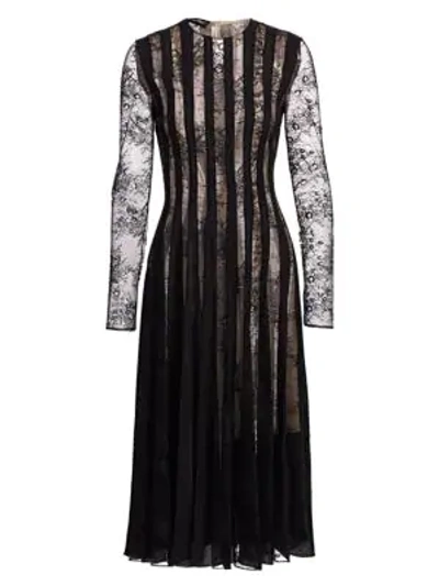 Oscar De La Renta Striped Lace Long-sleeve Midi Cocktail Dress In Black