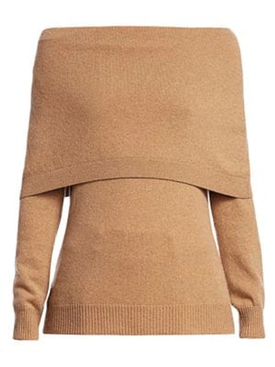 Oscar De La Renta Fold Over Off-the-shoulder Long-sleeve Cashmere Sweater In Camel