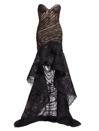 Oscar De La Renta Strapless Asymmetric Lace And Flocked Tulle Gown In Black