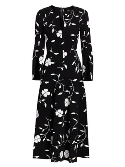 Oscar De La Renta Pleated Floral-print Wool-blend Crepe Midi Dress In Black