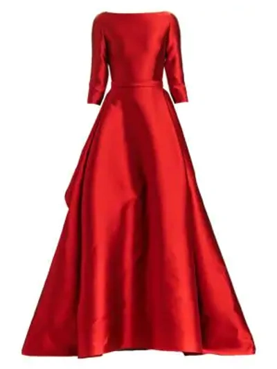 Carolina Herrera Bateau-neck 3/4-sleeve Sateen Ball Gown W/ Back Drape In Dark Red