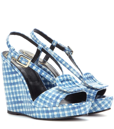 Roger Vivier Chips Printed Embossed Leather Wedge Sandals In Blue