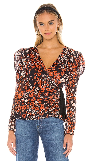 Astr Lissa Print Puff Sleeve Wrap Blouse In Red Gold Leopard