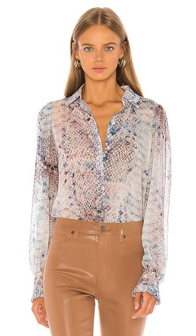 7 For All Mankind Ruffle Cuff Button Up Top In Pink Snake