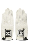 CHANEL White Leather Perforated Gloves