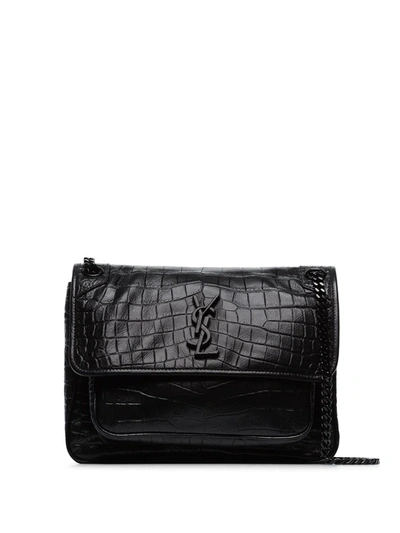 Saint Laurent Niki Medium Glossed Croc-effect Leather Shoulder Bag In Black