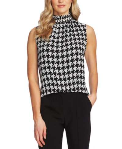 Vince Camuto Houndstooth-print Mock-neck Sleeveless Top In Rich Black