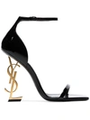 Saint Laurent Opyum Patent Leather Sandals With Structured Heel Featuring Metal Ysl Initials And Adj In Black