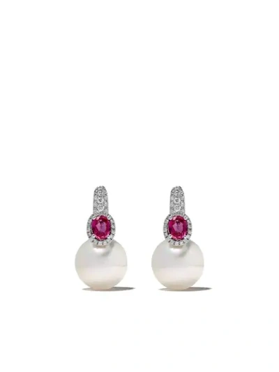 Yoko London 18kt White Gold Belgravia South Sea Pearl, Ruby And Diamond Earrings In 7