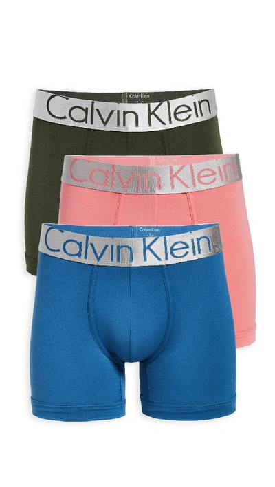 Calvin Klein Underwear Steel Micro 3 Pack Boxer Briefs In Tempe Blue/pomelo/duffle Bag