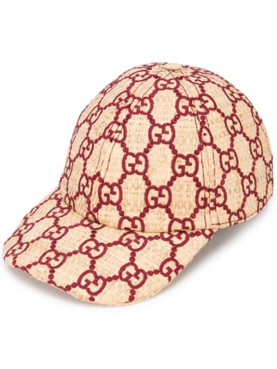 Gucci Snakeskin-trimmed Gg-embroidered Raffia Cap In Neutrals