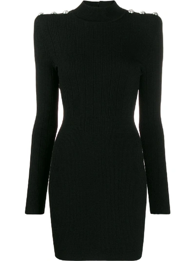 Balmain Viscose Ribbed Kit Mini Dress In Black