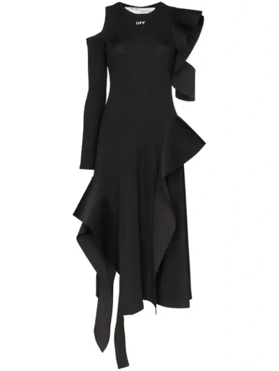 Off-white Asymmetric One-sleeve Ruffle Knit Dress In Black