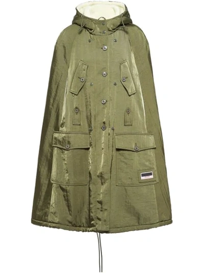 Miu Miu Hooded Twill And Faux-shearling Cape In Green
