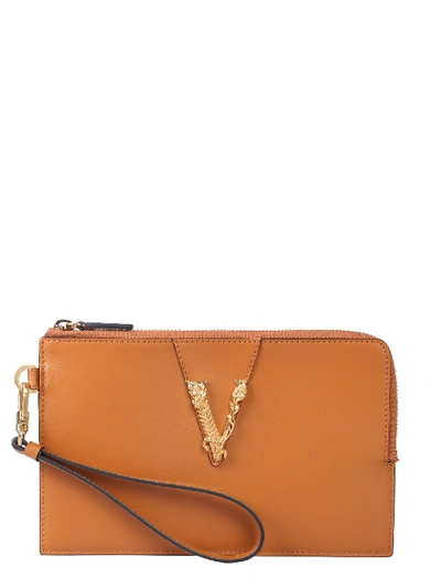 Versace Small Clutch With Zip In Brown