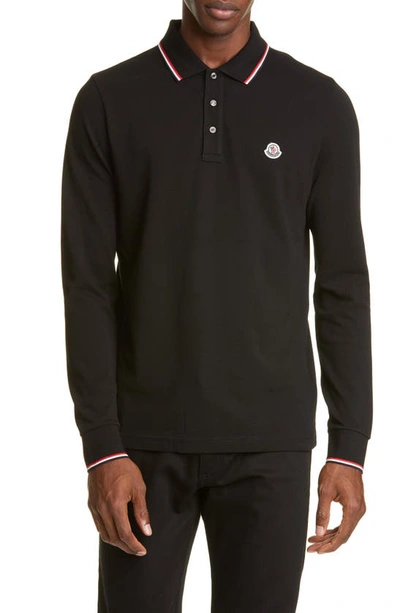 Moncler Logo Patch Long-sleeve Polo Shirt In Black
