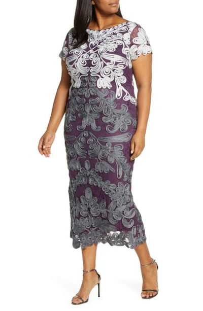 Js Collections Two Tone Soutache Embroidered Midi Dress In Grey/ Plum