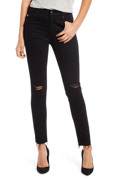 Ag The Farrah High Waist Ankle Skinny Jeans In 1yr Midnight Black Destructed