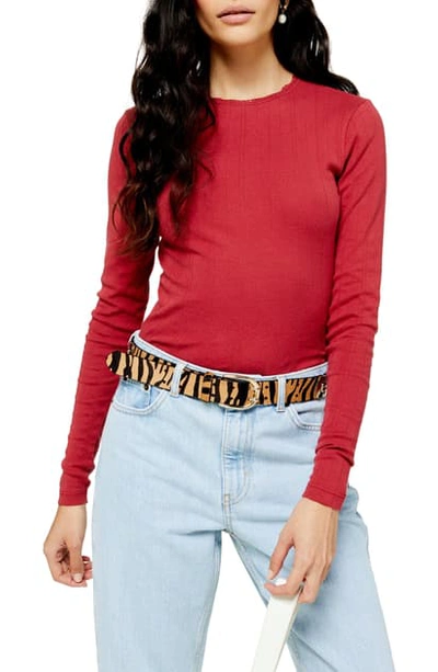 Topshop Long Sleeve Pointelle Crop Top In Burgundy