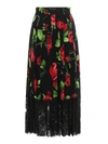 DOLCE & GABBANA LACE TRIMMED ROSE PRINT SILK PLEATED SKIRT