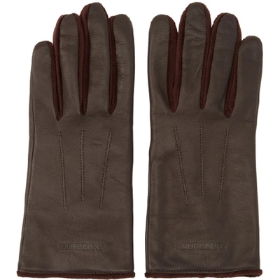 Burberry Burgundy Leather And Velvet Classic Gloves