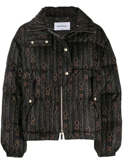 Ferragamo Chain Link Print Puffer Jacket In Black