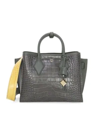 Mcm Neo Milla Croc Embossed Calfskin Leather Tote In Charcoal/silver