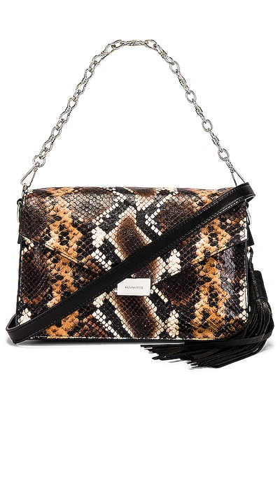 Allsaints Miki Snakeskin-print Leather Crossbody Bag In Brown