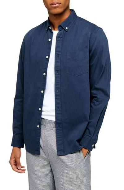 Topman Classic Fit Button-down Twill Shirt In Navy Blue
