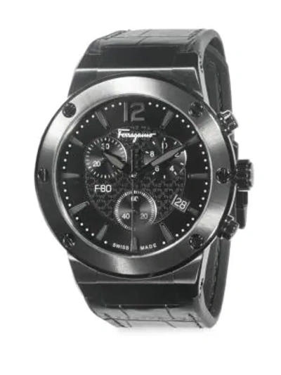 Ferragamo Stainless Steel & Croc-embossed Leather Strap Chronograph Watch In Black