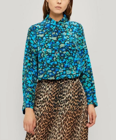 Ganni Silk Floral Shirt In Azure