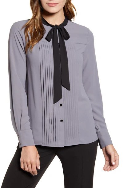 Anne Klein Tie Neck Blouse In Zinc