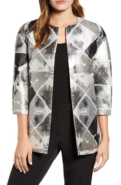 Anne Klein Metallic Diamond Pattern Collarless Jacket In Zinc Combo