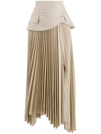 A.w.a.k.e. Pretence Asymmetric Pleated Wool Skirt In Beige