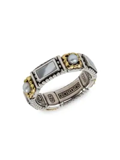 Konstantino Sterling Silver, 18k Yellow Gold, 3mm White Pearl & 3.3mm Mother-of-pearl Ring