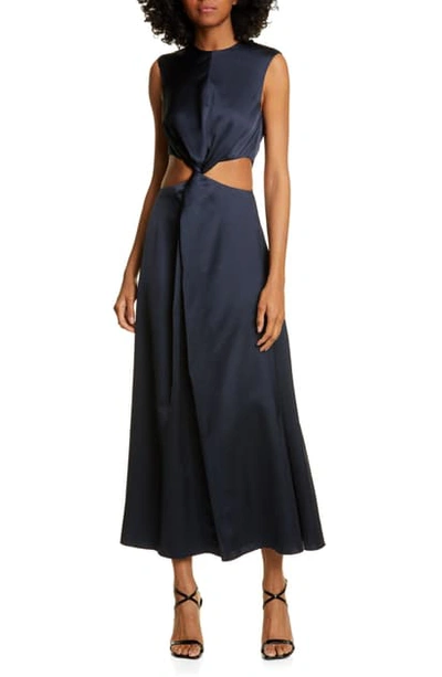 Amur Inara Twist Waist Satin Tea Length Dress In Dark Navy